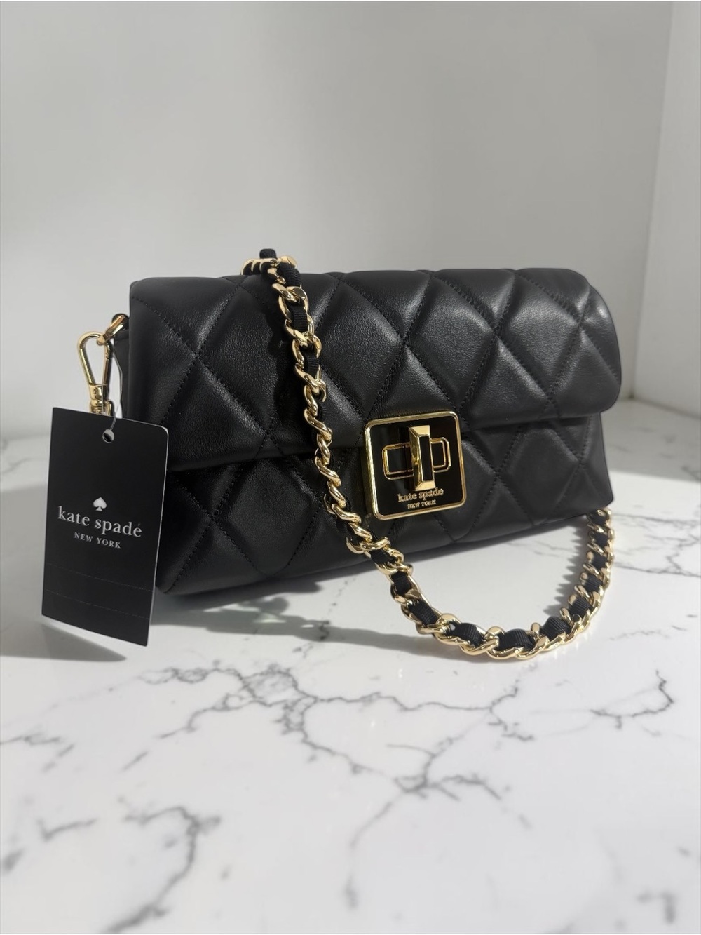 Kate Spade Carey Quilted Mini Black Leather Crossbody Gold & Dust Bag $329 — NWT - Picture 6 of 16